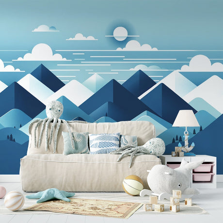Modern mountain wallpaper mural showcased in a bright living room, creating a stunning focal point above a grey sofa