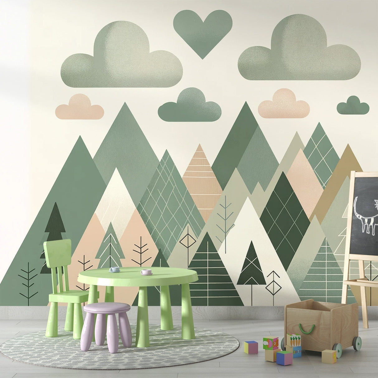 Mountain wall mural with geometric design shown in a bright nursery, creating a peaceful Scandinavian atmosphere