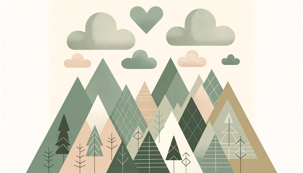 Mountain wallpaper design file showing geometric forest pattern with soft clouds and heart detail