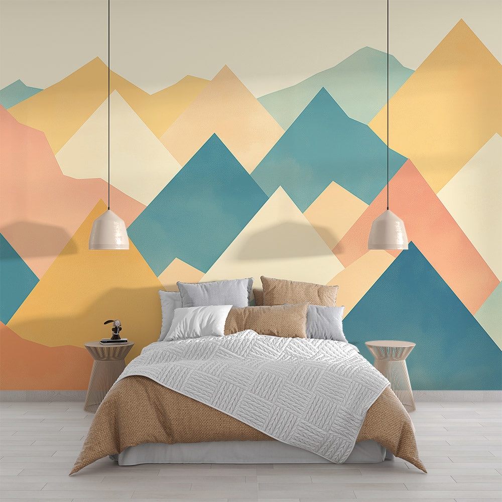 Geometric Mountain Wallpaper creating depth in a bright modern living room with minimalist furniture