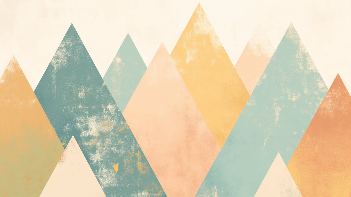 Geometric Mountain Wallpaper in modern minimalist living room showing pastel peaks and aged texture effect