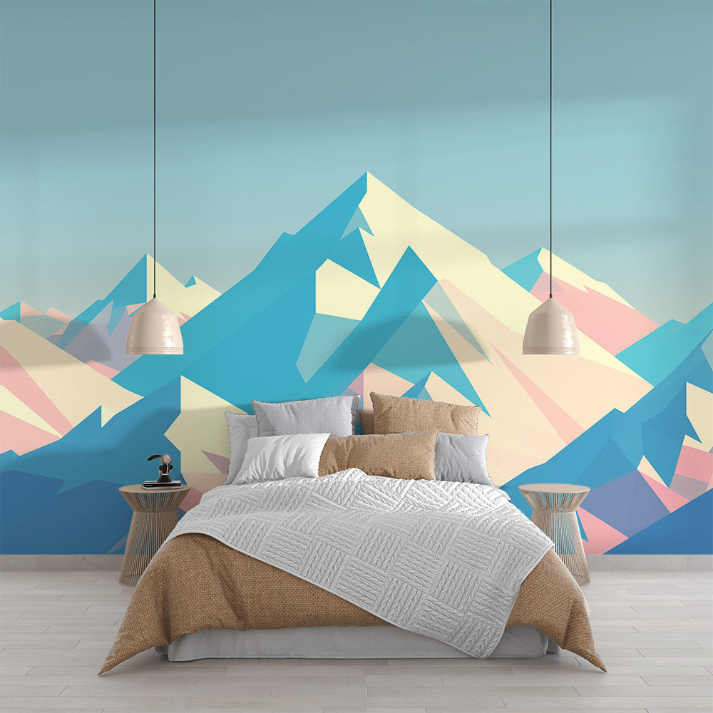Modern geometric mountain wallpaper in pastel colors showcased in a bright Scandinavian living room setting