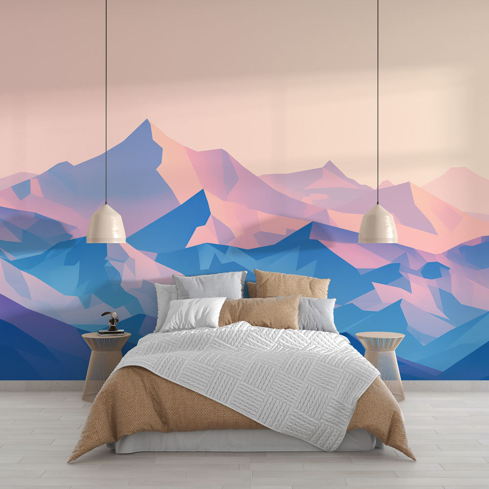 Modern Mountain Wallpaper with geometric peaks in soft pastels shown in a bright Scandinavian living room setting