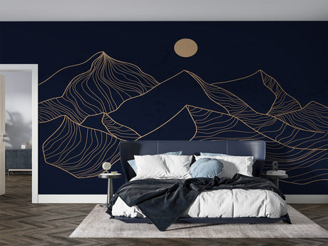 Modern mountain line art wallpaper in a minimalist living room, gold details catching evening light