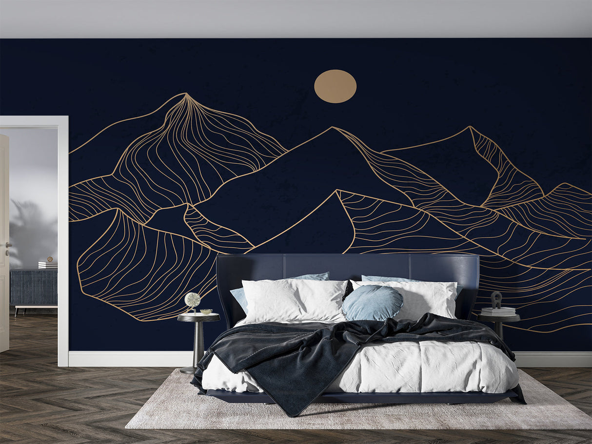 Modern mountain line art wallpaper in a minimalist living room, gold details catching evening light