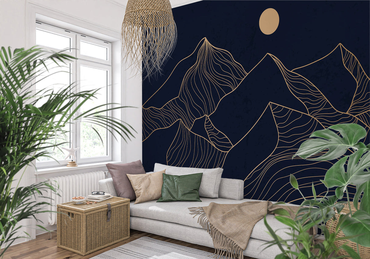 Gold mountain wall mural creating depth in a cozy bedroom setting