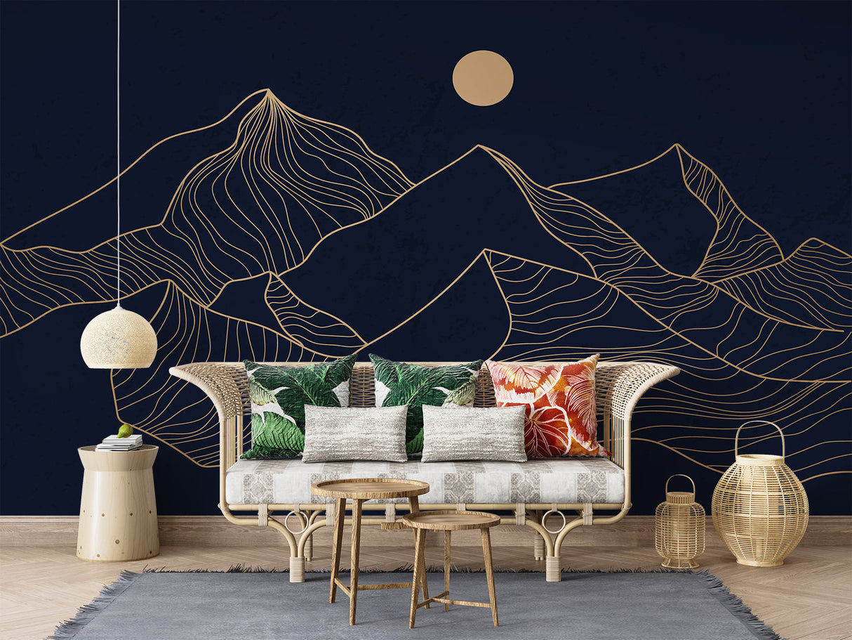 Navy and gold mountain wallpaper making a bold statement in home office