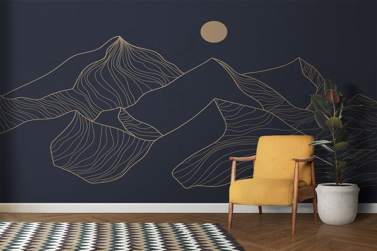 Modern mountain wallpaper transforming a reading nook with golden accents