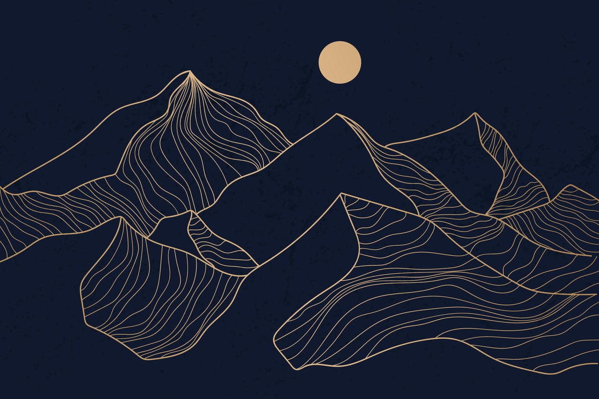 Mountain line art design file showing detailed gold peaks on navy background