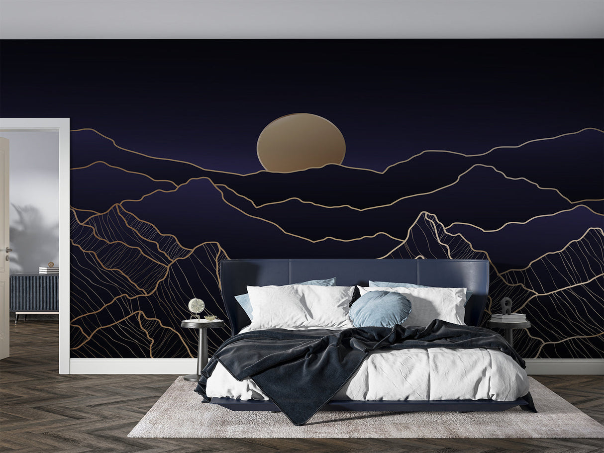 Mountain line art wallpaper in modern bedroom, gold details catching evening light