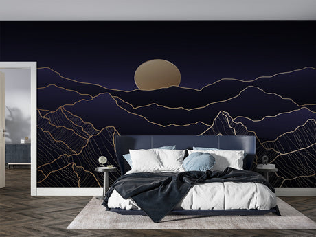 Mountain line art wallpaper in modern bedroom, gold details catching evening light