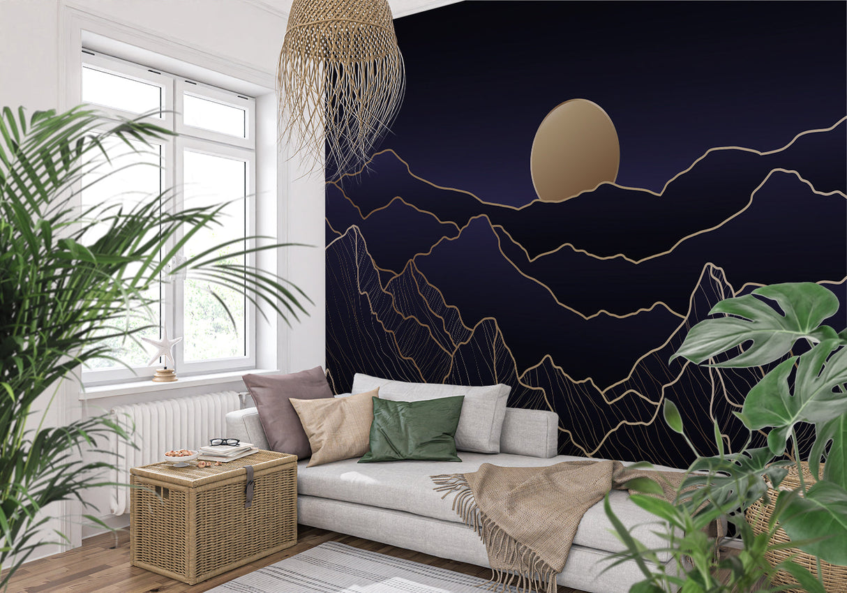 Mountain line art feature wall in cozy reading nook