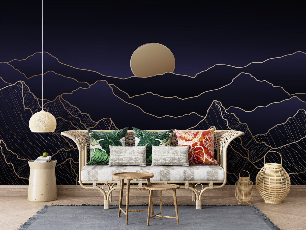 Navy and gold mountain mural making statement in dining room