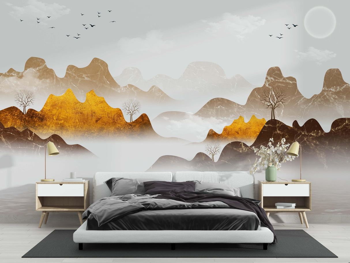 Mountain mural wallpaper creating a cozy atmosphere in a modern living room with minimal furniture