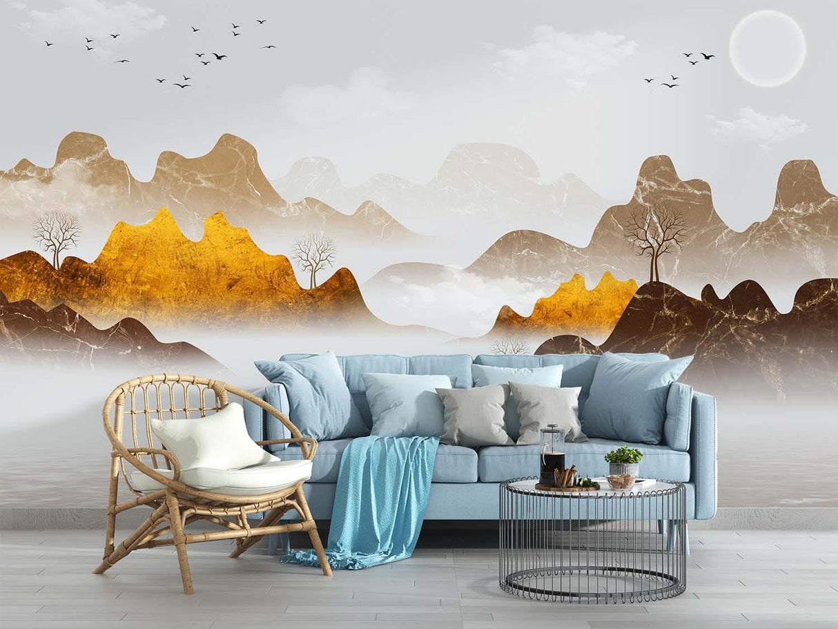 Golden peaks mountain wallpaper as a stunning backdrop in a master bedroom setting