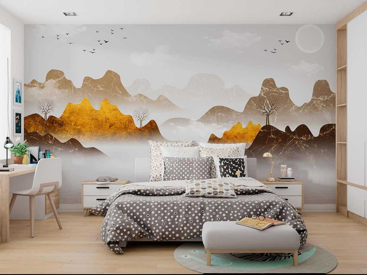 Mountain landscape mural adding depth to a home office with natural lighting