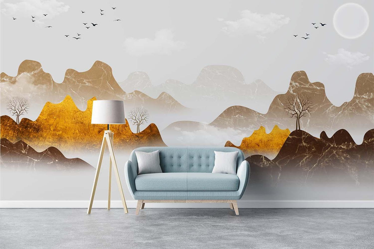 Misty mountain wallpaper creating a peaceful dining room atmosphere