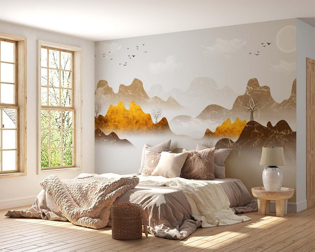 Mountain wall mural bringing nature indoors in a contemporary hallway setting