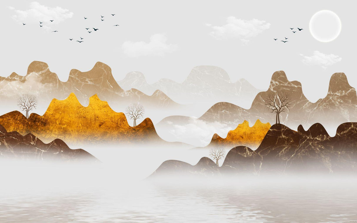 Mountain landscape design file showing golden peaks emerging from misty valleys