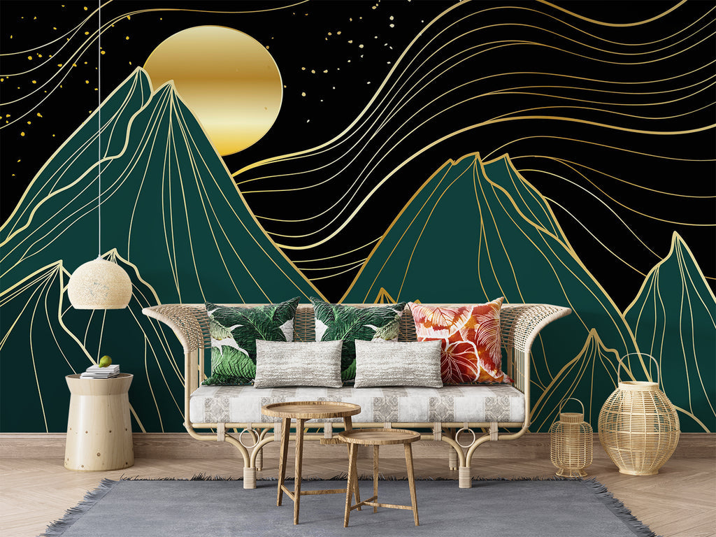 Mountain line art wallpaper in modern living room, green and gold design creating depth against grey sofa