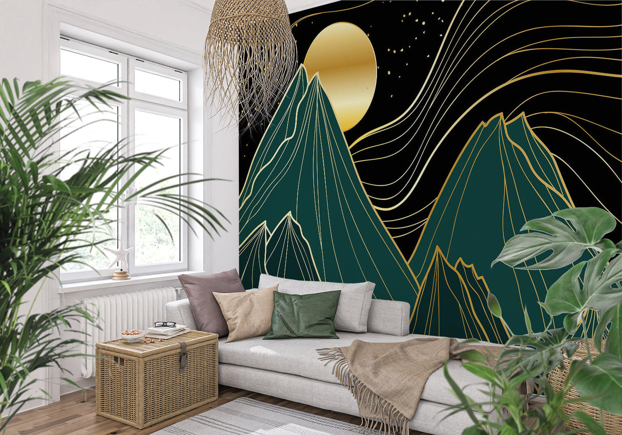Abstract mountain mural in home office showing golden details catching natural light