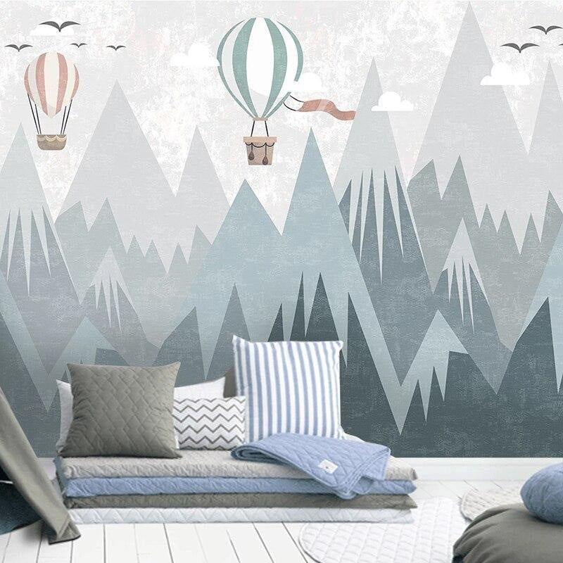 Hot air balloon wallpaper mural displayed in a playroom with natural lighting