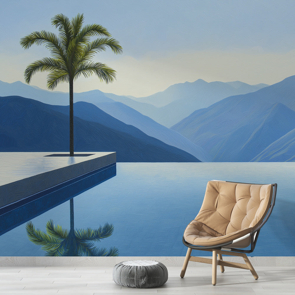 Mountain landscape wallpaper with infinity pool creates luxury resort feel in modern living room with minimal furniture