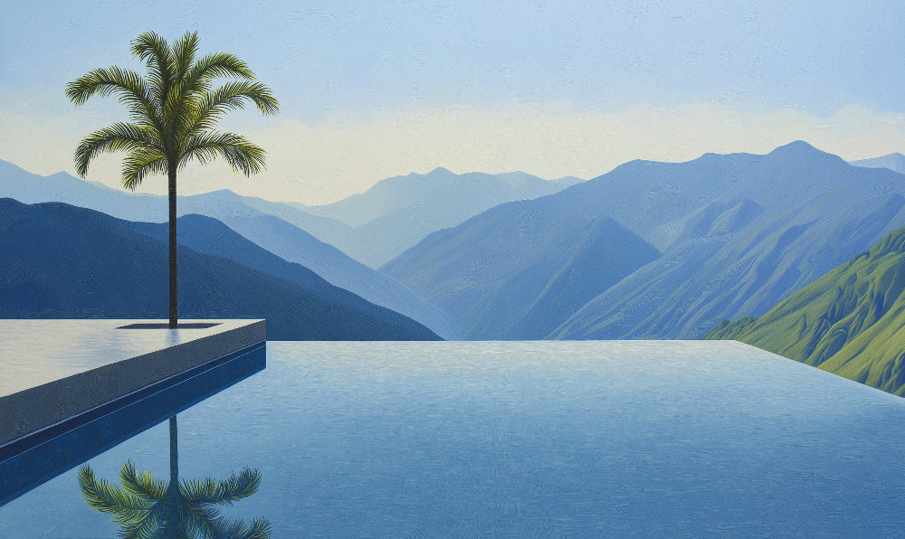 Mountain infinity pool wallpaper design file showing seamless pattern with palm tree silhouette