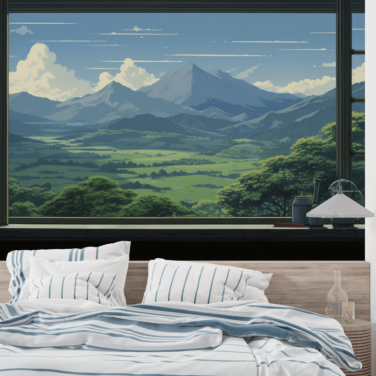 Mountain landscape wallpaper in modern living room, creating depth with Japanese anime style peaks