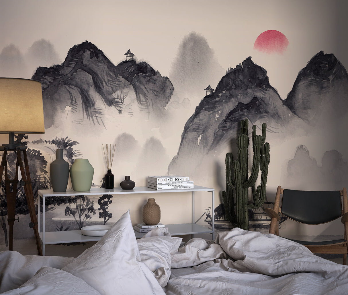 Japanese mountain wallpaper mural in a modern living room, creating a zen atmosphere with red sun accent