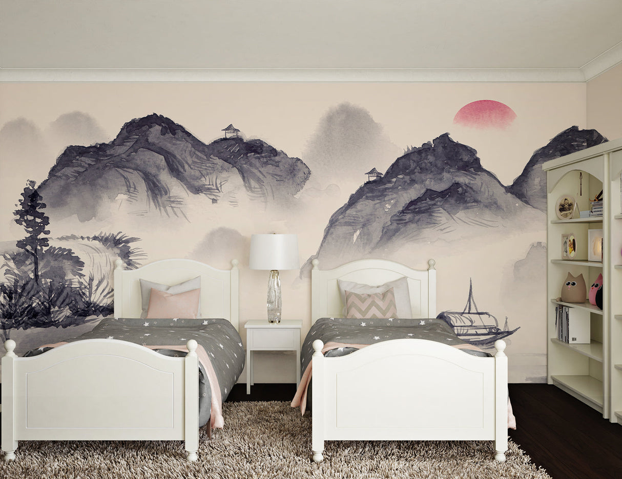 Mountain landscape wallpaper with Japanese ink design in a minimalist bedroom setting