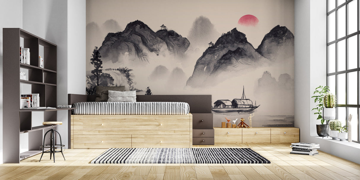 Japanese ink mountain mural showcased in a dining room with natural light