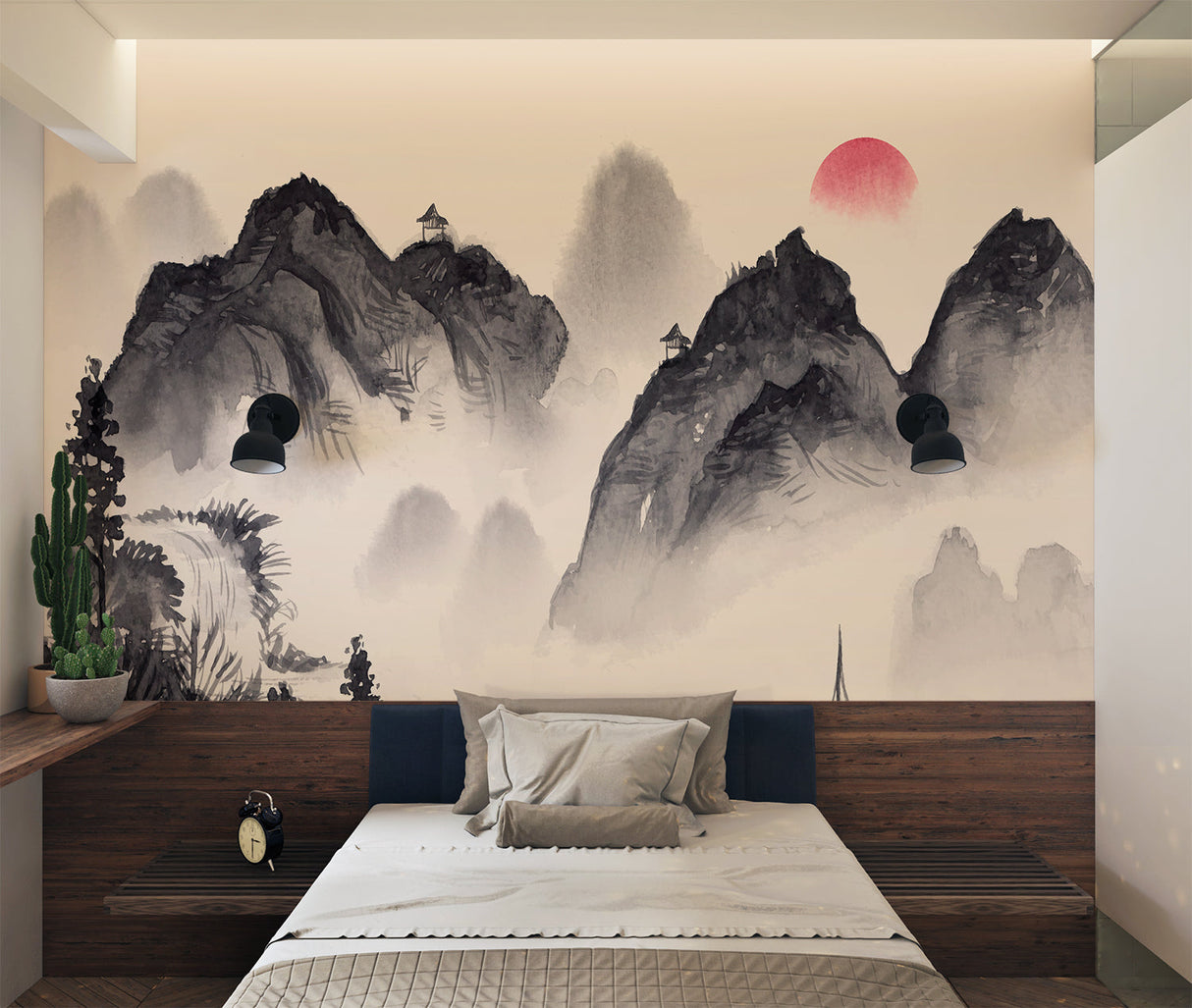 Oriental mountain wallpaper installation in a meditation room