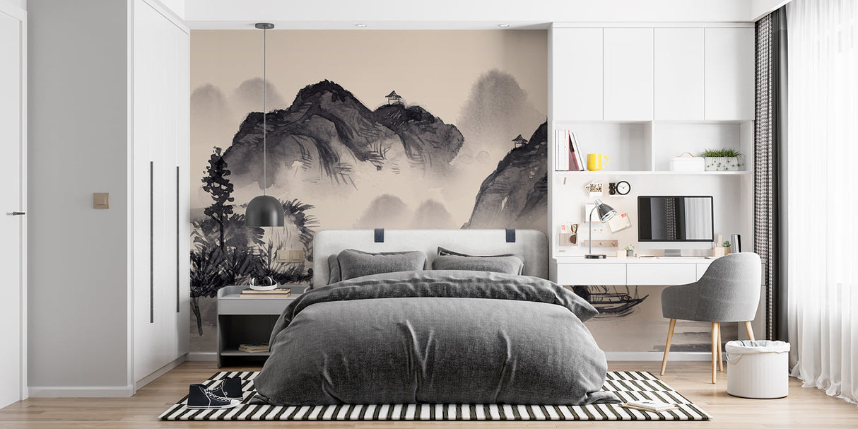 Japanese landscape mural featured in a home office space