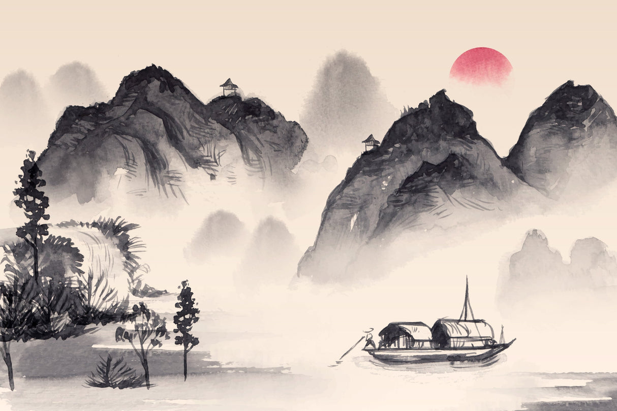 Japanese mountain landscape design file showing ink wash technique and red sun detail