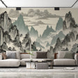 Japanese mountain wallpaper mural in modern living room, creating serene atmosphere with misty peaks