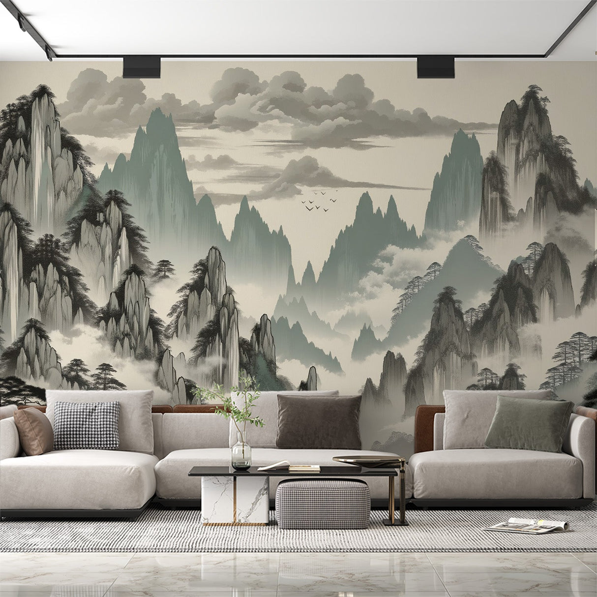 Japanese mountain wallpaper mural in modern living room, creating serene atmosphere with misty peaks