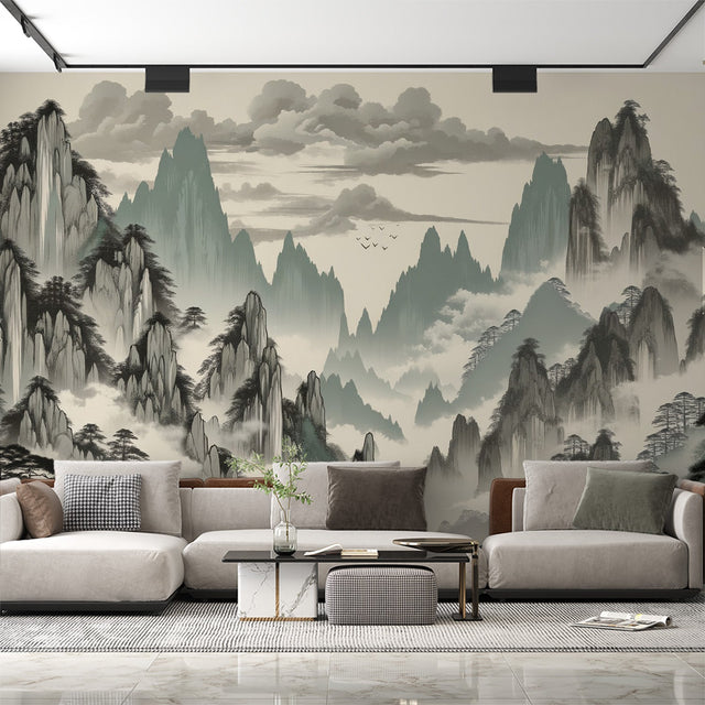 Japanese mountain wallpaper mural in modern living room, creating serene atmosphere with misty peaks