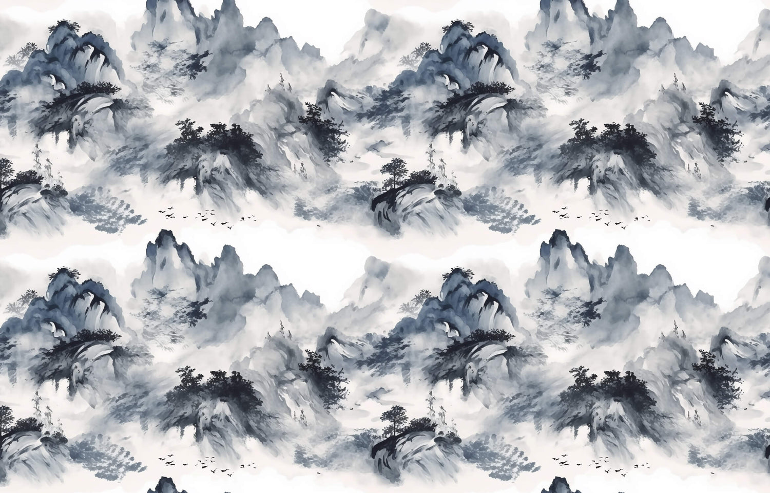 Design file showing full mountain landscape pattern in Japanese ink painting style