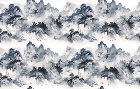Design file showing full mountain landscape pattern in Japanese ink painting style