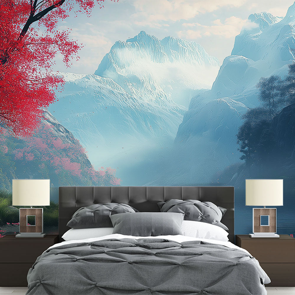 Japanese mountain wallpaper with red maple trees shown in a modern living room, creating a serene atmosphere