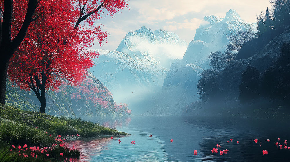 Mountain landscape design file showing detailed red maple trees and misty peaks over tranquil lake