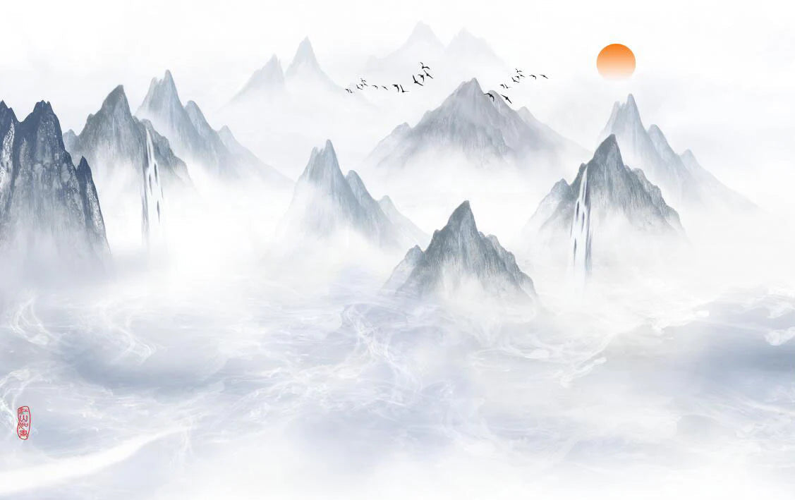 Japanese mountain mural design file showing misty peaks and warm sunset colors