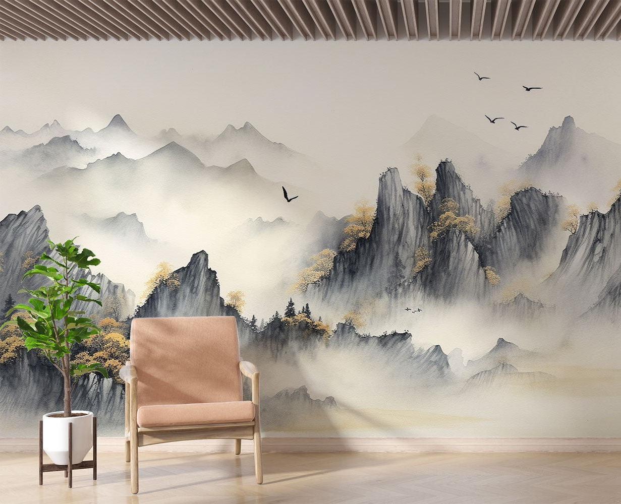 Mountain landscape wallpaper in meditation room, showing peaceful watercolor scene with golden accents
