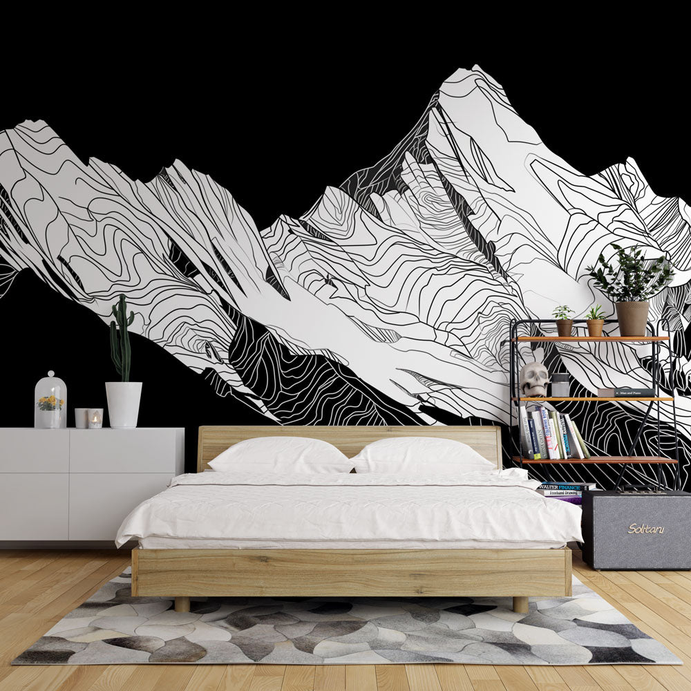 Modern mountain line art wallpaper creating dramatic impact in a minimalist living room with high ceilings