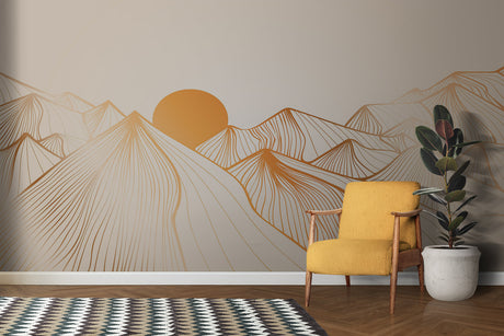 Mountain line art wallpaper creating a peaceful focal point in a modern living room with minimal furniture