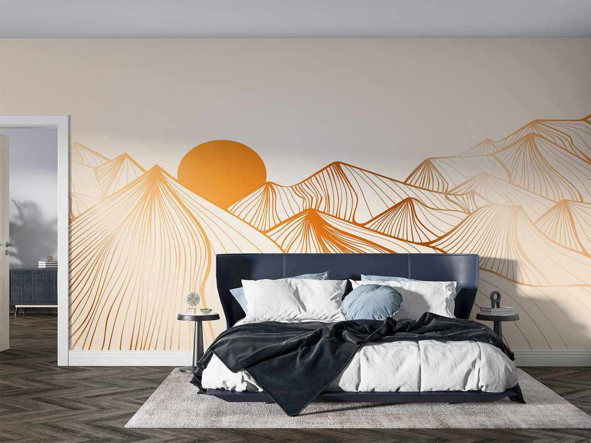 Minimalist mountain wallpaper adding depth to a cozy bedroom with warm lighting