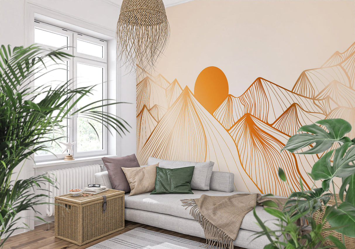 Line art mountain mural making a dramatic statement in a home office space