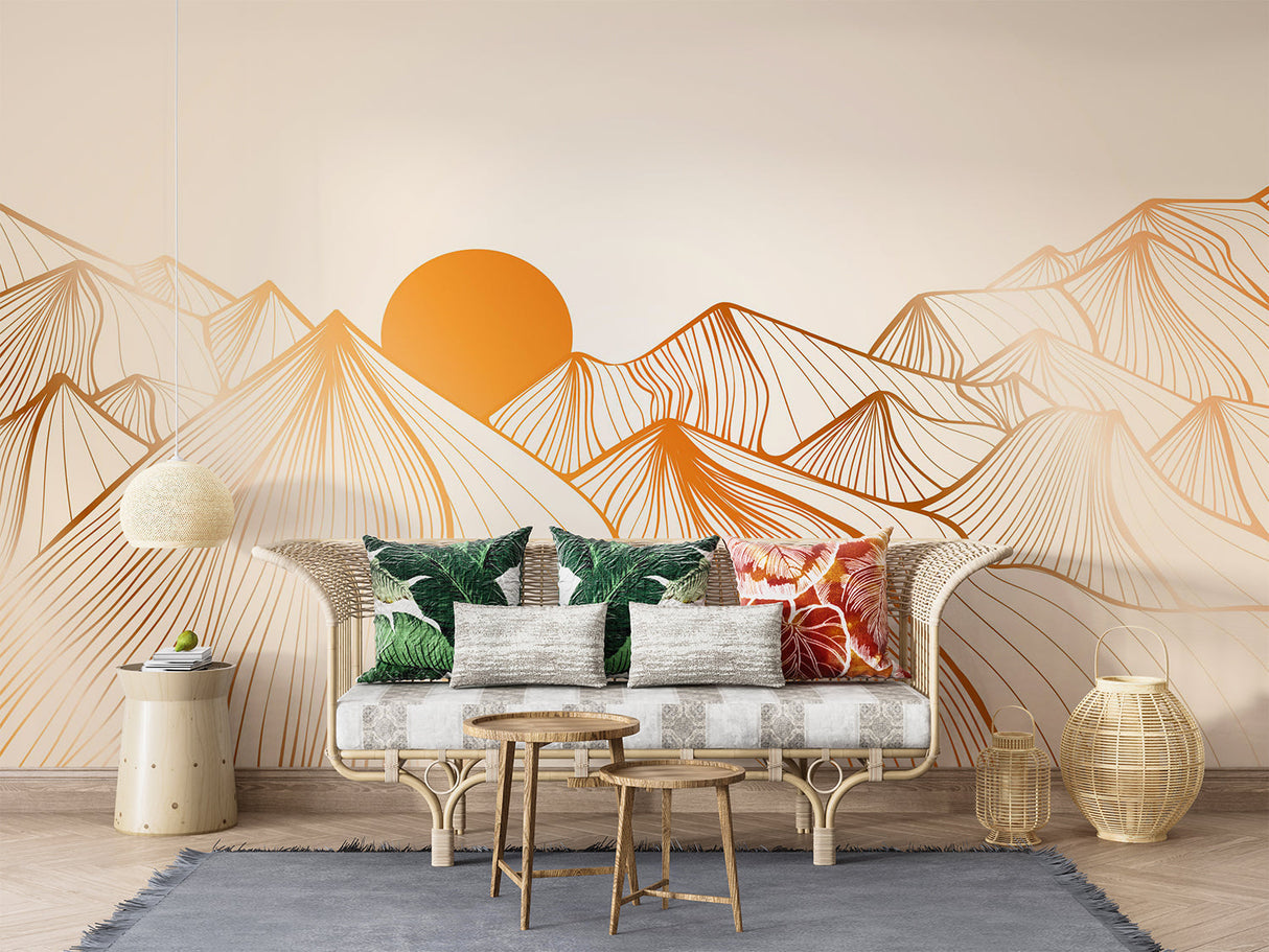Golden sunset mountain wallpaper brightening up a dining room with clean lines