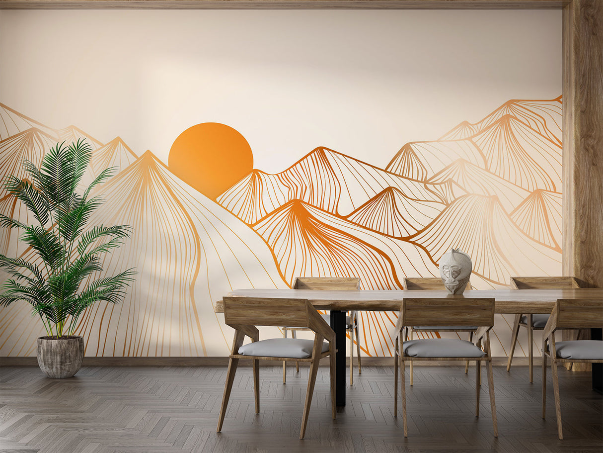 Mountain range wall mural enhancing a minimalist hallway with geometric patterns